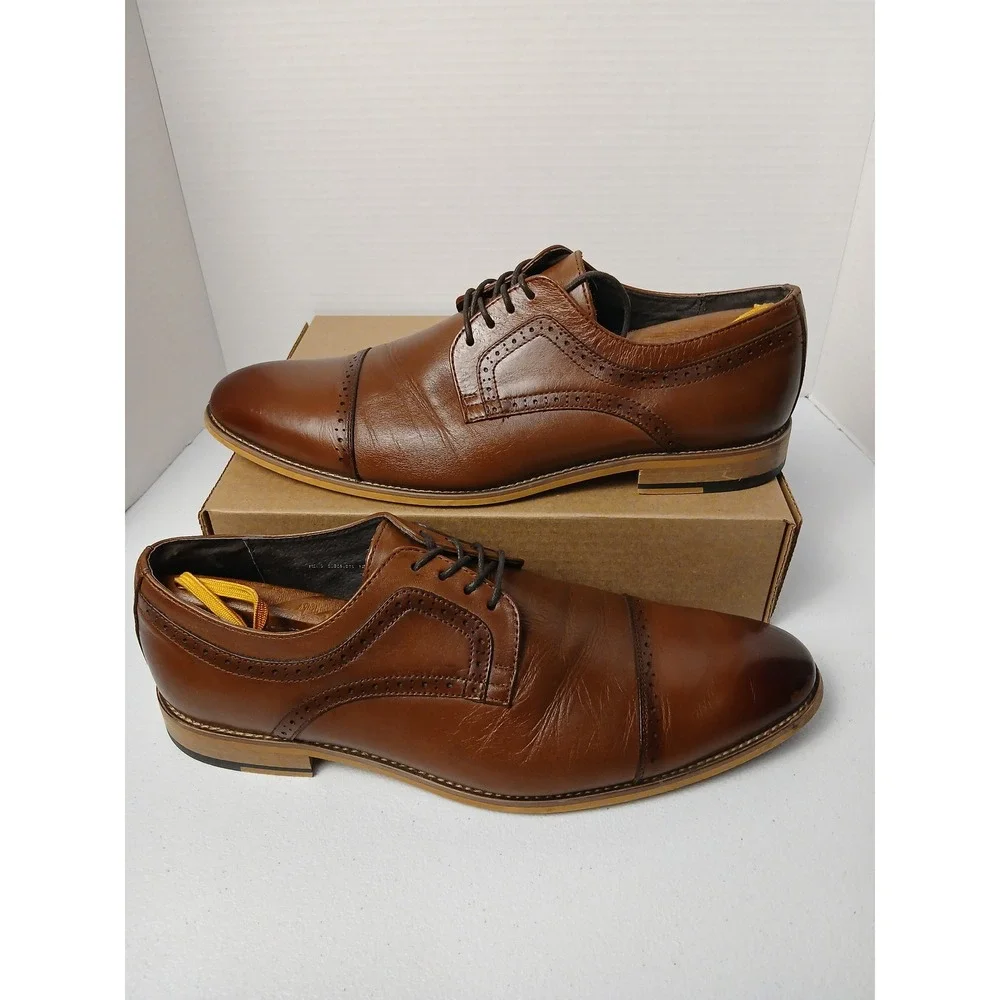 Stacy Adams Mens Cap Toe Oxford Dress‎ Shoes Cognac Brown Leather Brogue Lace Up